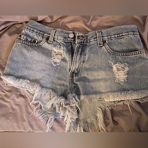 Levi’s distressed jean shorts, super low, style 514,